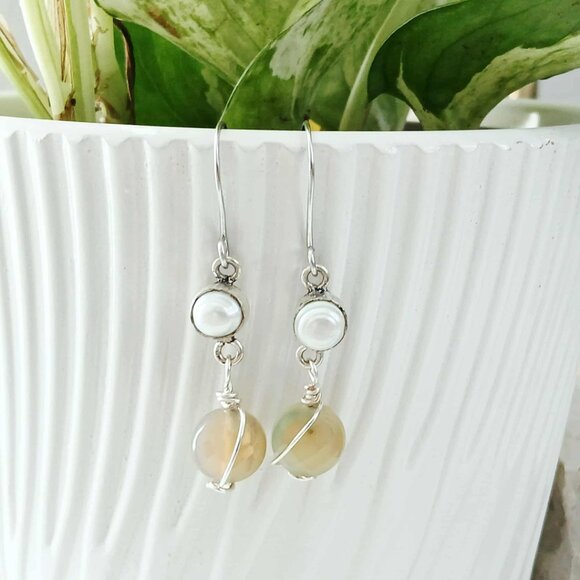 Freshwater Pearl & Faceted Agate Gemstone Dangle Earrings, Upcycled Artisan 2" - Picture 2 of 8